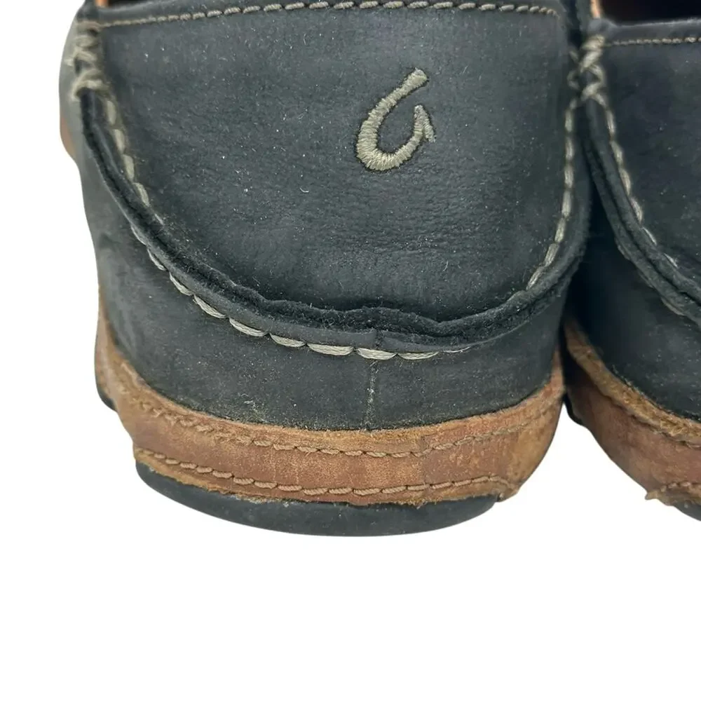 OluKai Moloa Slip On Loafer Black Leather Grip Sole Shoe